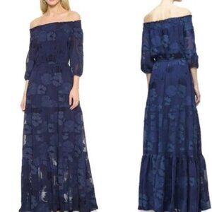 Shoshanna midnight navy blue floral embossed off shoulder maxi dress 4